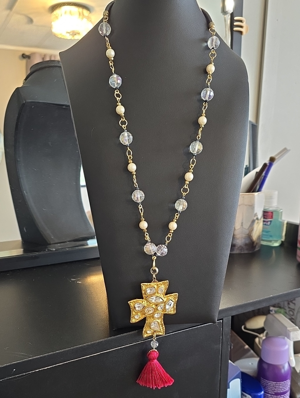 Gold Crystal Cross Tassel Necklace - Women Jewelry (H)